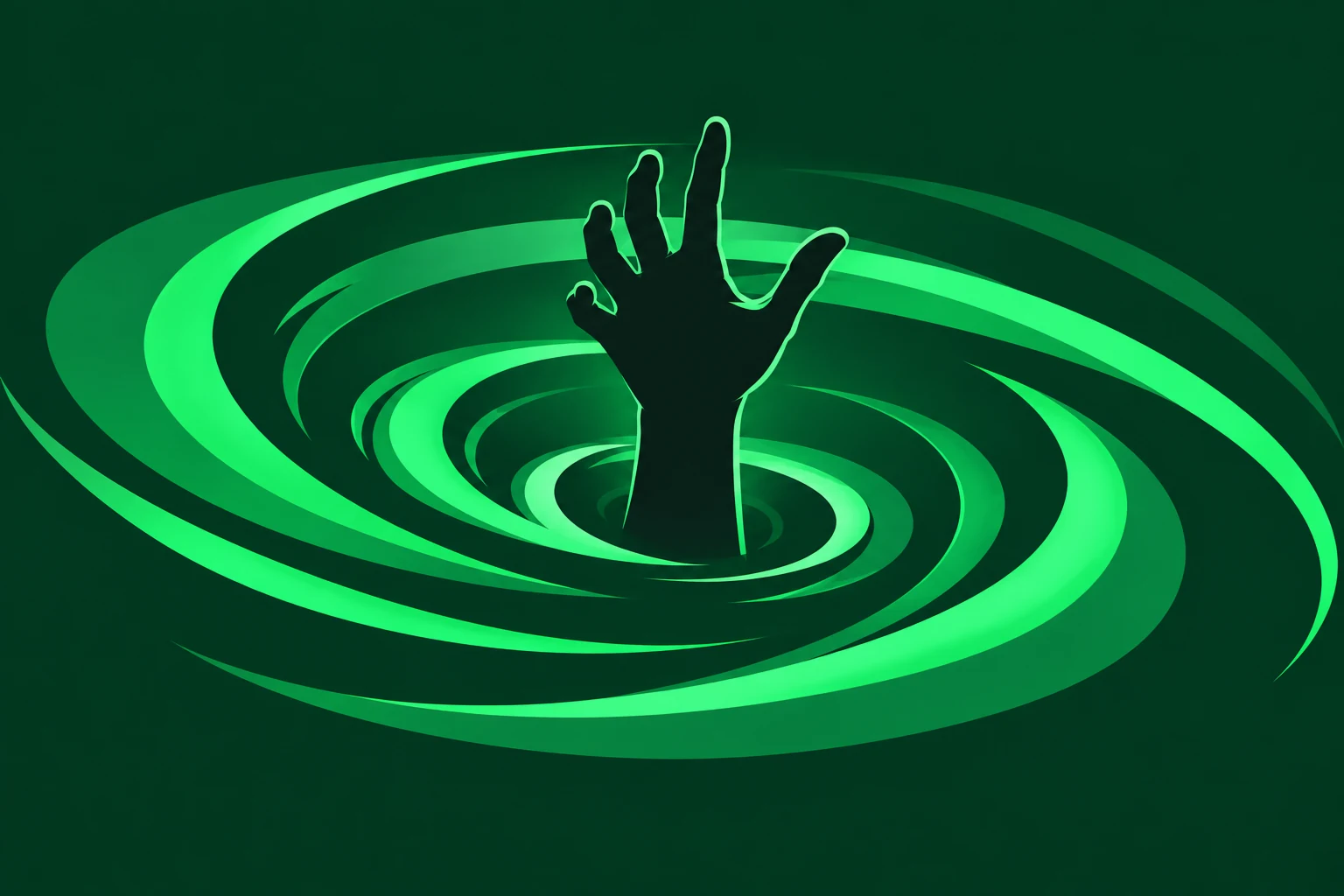 A hand rising from a vivid green data whirlpool