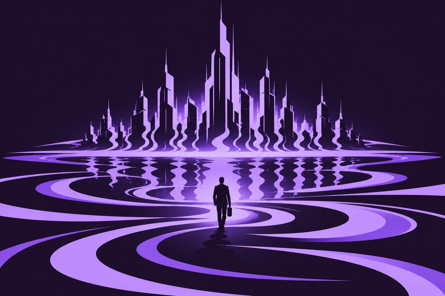 A lone black silhouette faces a purple city mirage with rippling graphic reflections